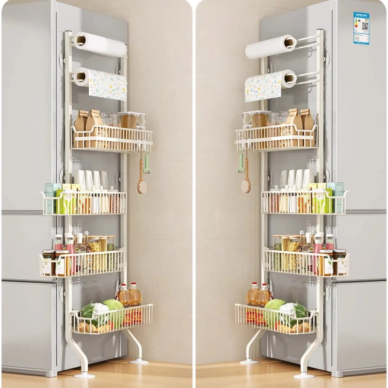 Narrow Gap Refrigerator Side Storage Rack, No-Drill Slim Pull-Out Drawer Basket, Multi-Layer Kitchen Wall Organizer
