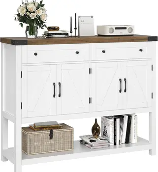 Image Buffet Sideboard Cabinet with Storage, 47.2" Modern Farmhouse Coffee Bar with 2 Drawers, Barn Doors Console Table with Shelf for