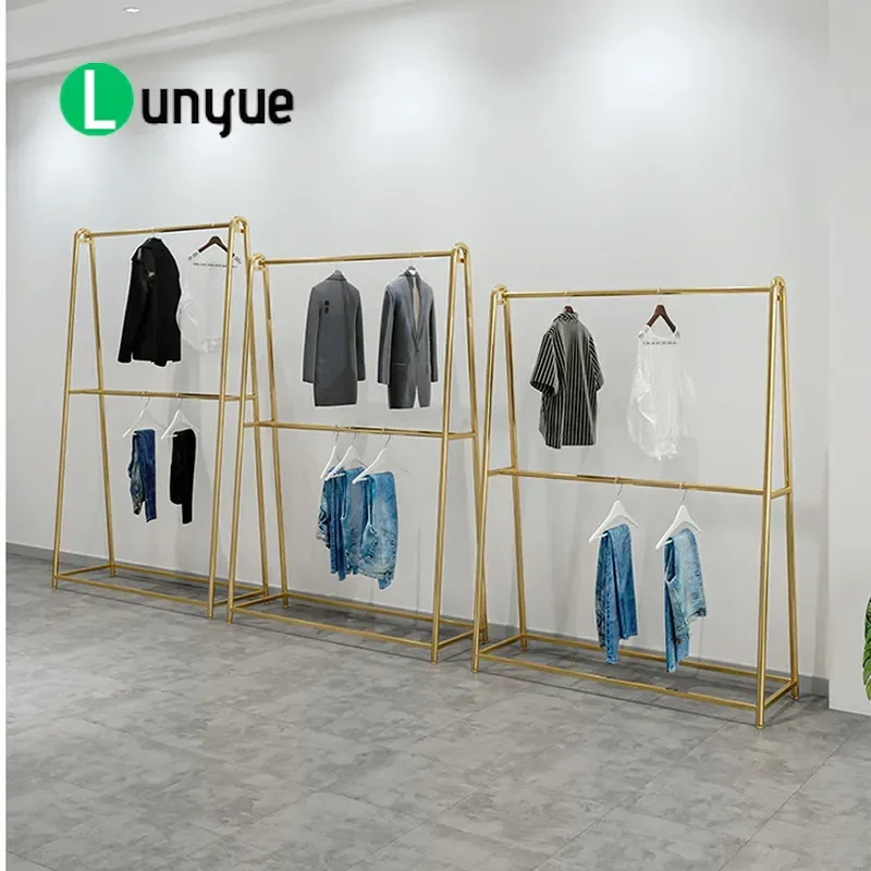 Floor to Ceiling Double Layer Clothing Rack Women's Garment Display Shelf Nano Gold Light Luxury Multi Tier Hanger for Store