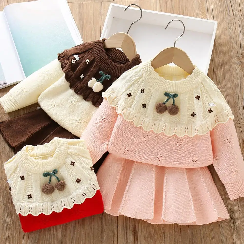 

Girls Knitted Clothes Sets Spring Autumn Children Woolen Jersey Sweaters Tops Skirts 2pcs Dress Suit For Baby Party Outfits Kids