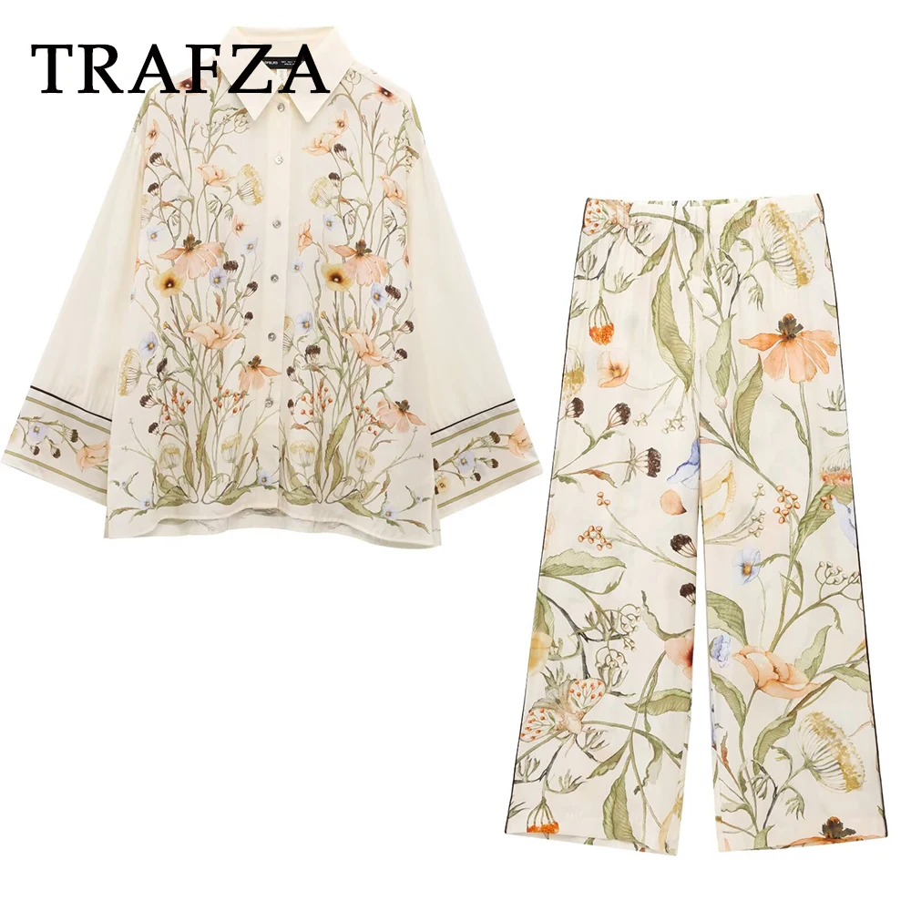 

TRAFZA Spring 2025 Women Casual Flowe Print Suits Single Breasted Shirt+Elastic Waist Binding Wide Leg Long Pants Vintag Suits