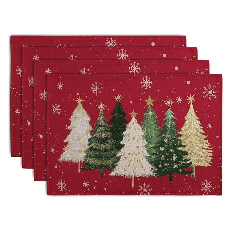 VIKAMA Linen Placemats Flocked Christmas Trees Red Green Blue, Stain Resistant Easy to Clean, Dining Table Decor