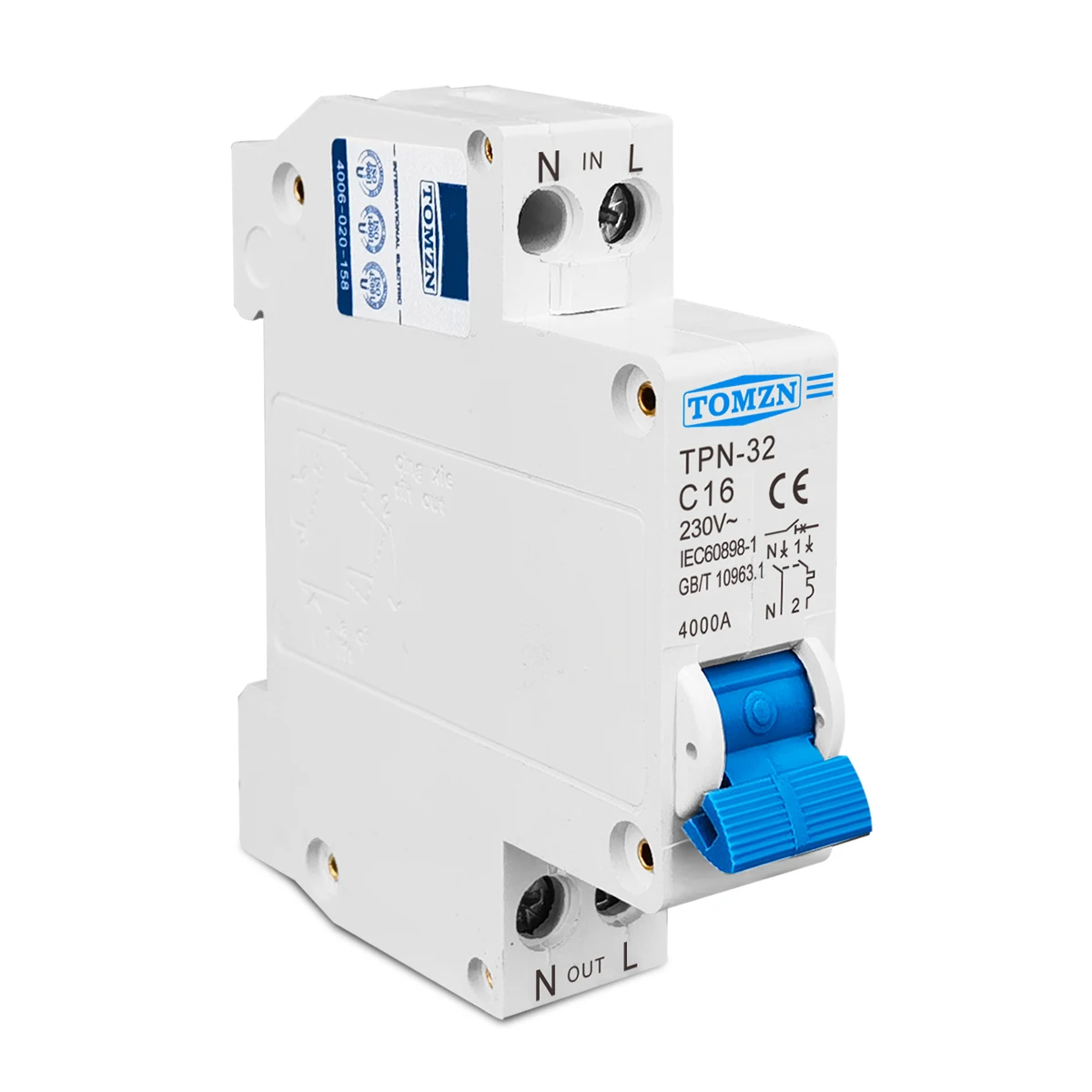 TOMZN DIN Rail TPN DPN 1P+N AC 230V~ 16A 4000A Mini Circuit Breaker MCB Overload Protection Short-circuit Protection