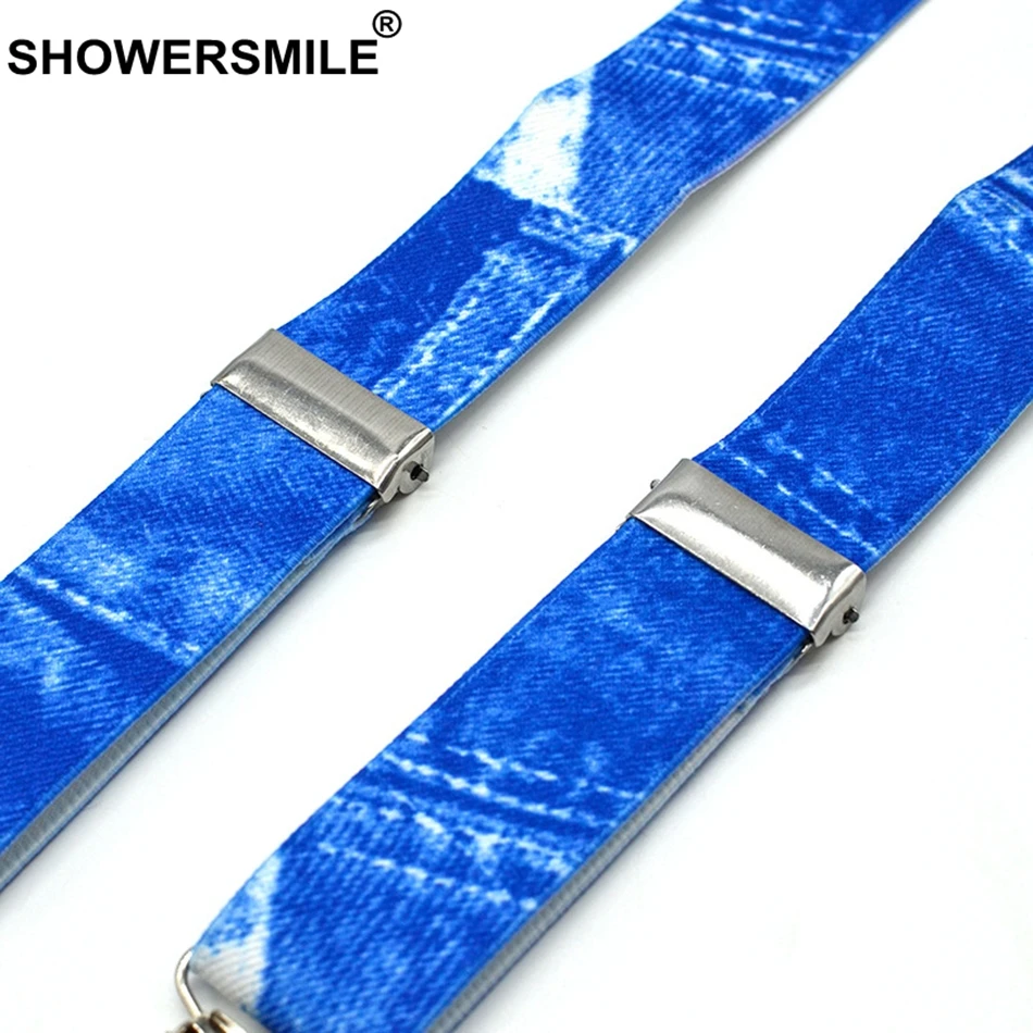 Showersmile meninos suspensórios impressão denim azul suspensórios e gravata borboleta conjunto crianças couro 4 clipes elástico ajustável criança calças cinta