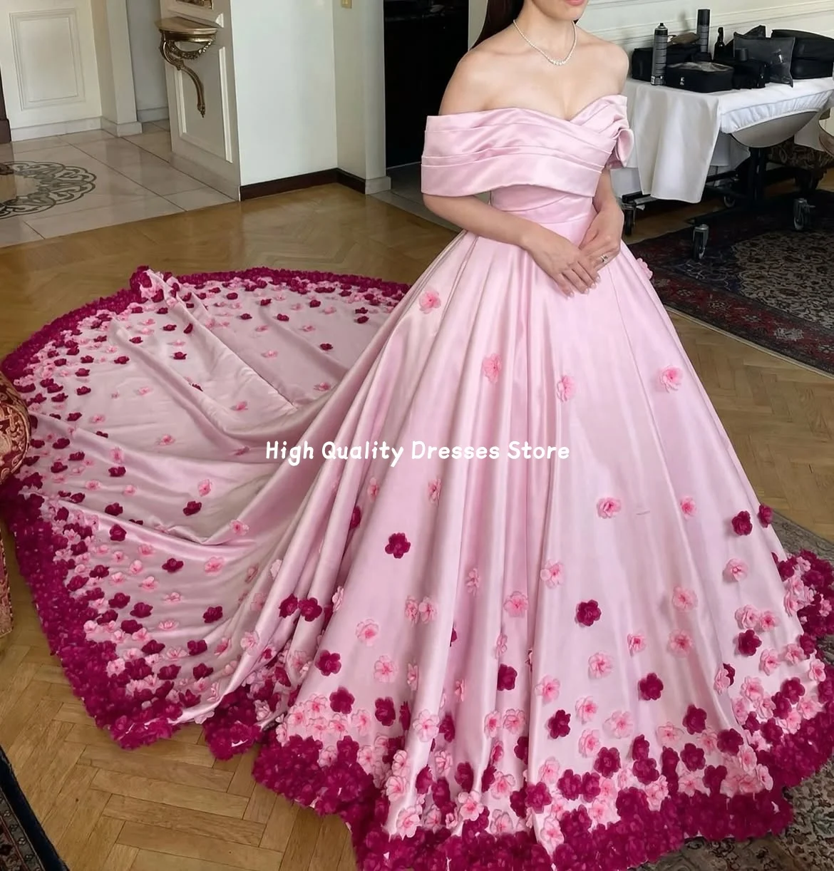 Prom Dresses Off‑Shoulder Satin Ball Gown 3D Floral Appliques Chapel Train A‑Line Long Dress Wedding Guest Gala Customized