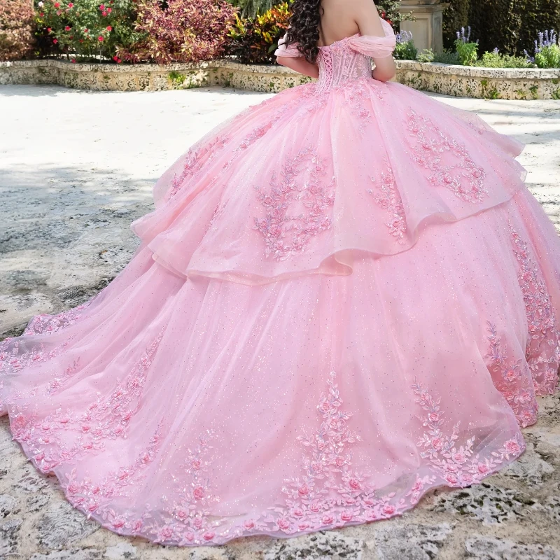 Розовое бальное платье Quinceanera Платья на шнуровке с открытыми плечами Аппликация Кружева из бисера Тюлевой корсет Vestidos 15 De Anos Sweet 16 Платье