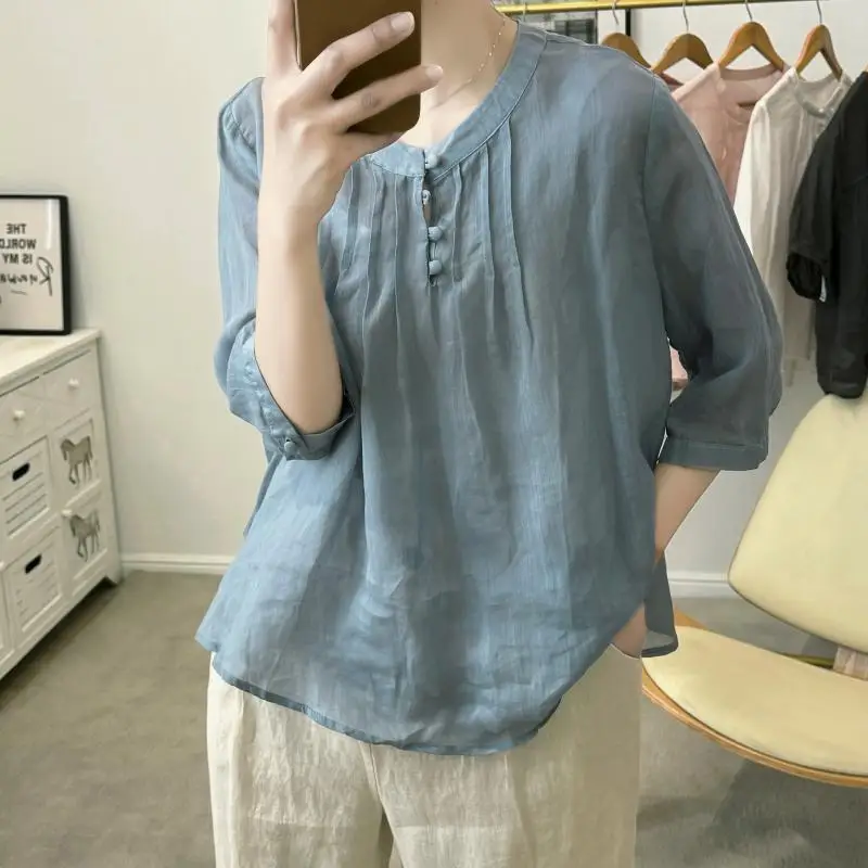 Women Summer Vintage Fashion Loose Cotton and Linen Solid Color O-neck Short Sleeve Shirts Ladies Casual All-match Trend Tops