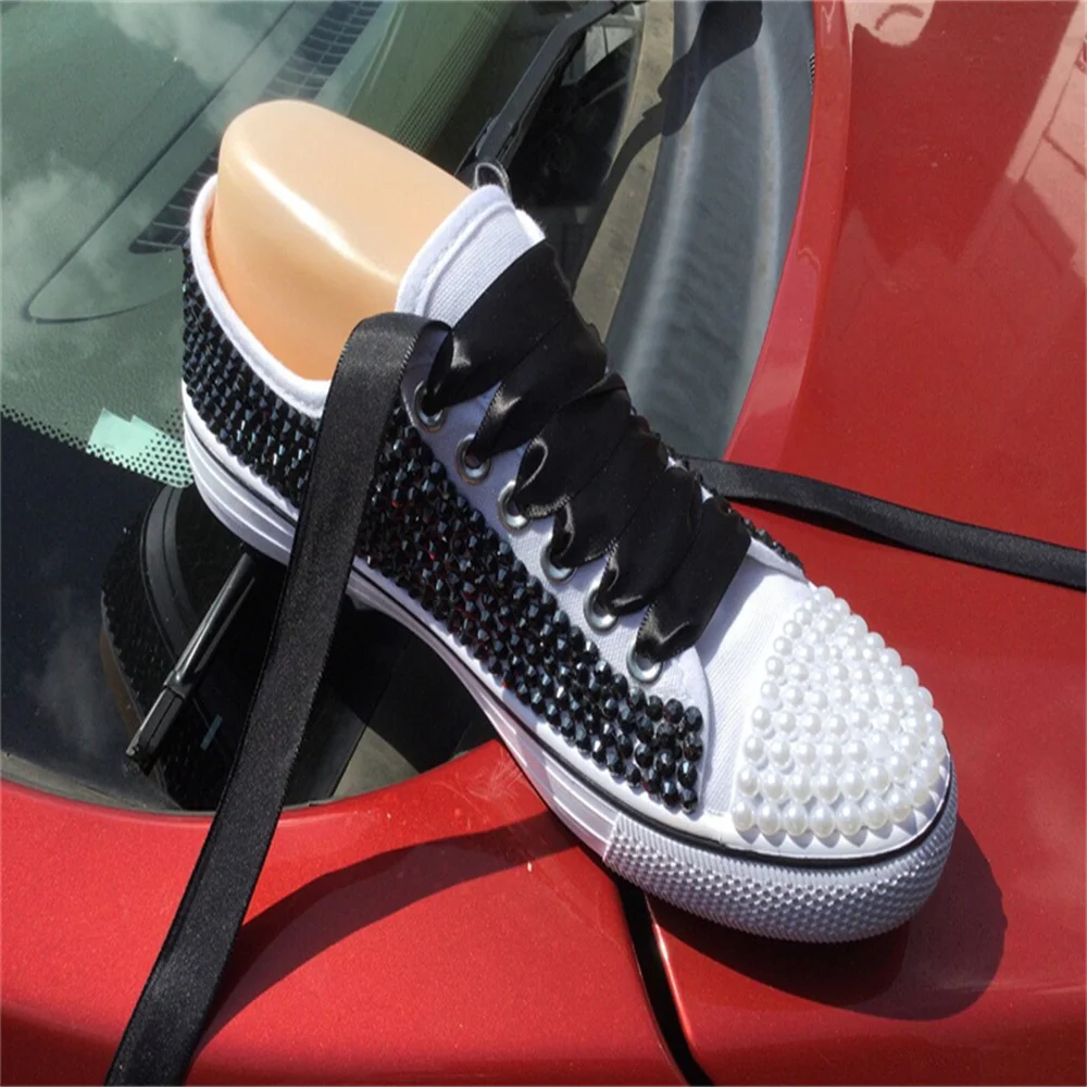 White low top black rhinestone pearl accessories customized style canvas shoes integrated sports casual shoes women\'s shoes35-46