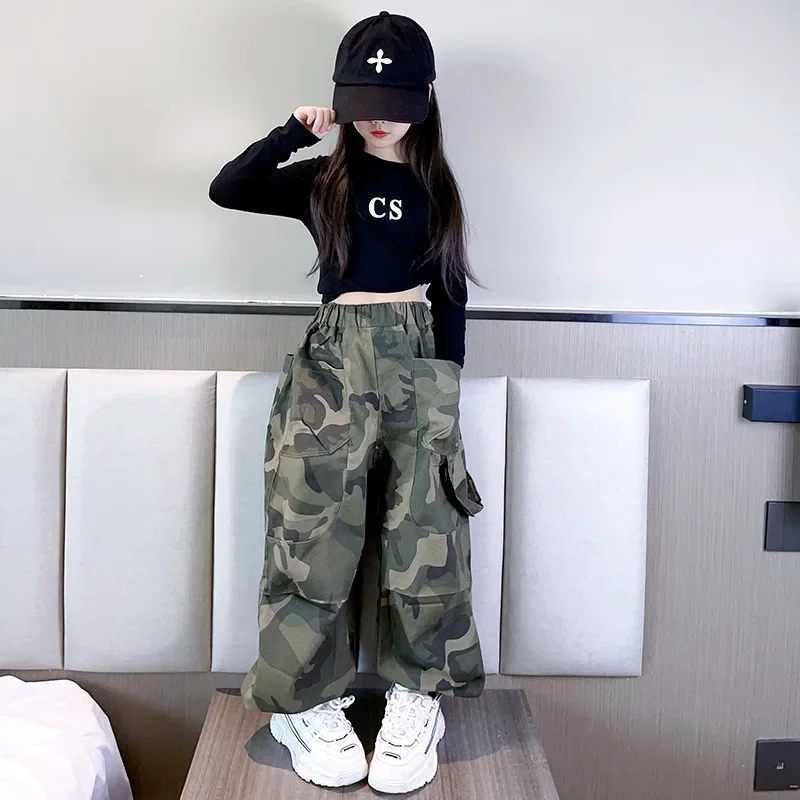 gril Pants Children's Sports Fashion Camouflage Overalls Elastic Waist Large Pocket grils Street Casual Pants for 4-14 years old