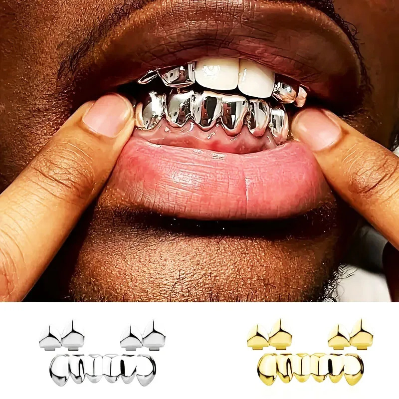 New Gold Silver Color Hip Hop Teeth for Mouth Grillz Caps Top&Bottom Grill Set Vampire Teeth for Halloween Party Sets Gifts