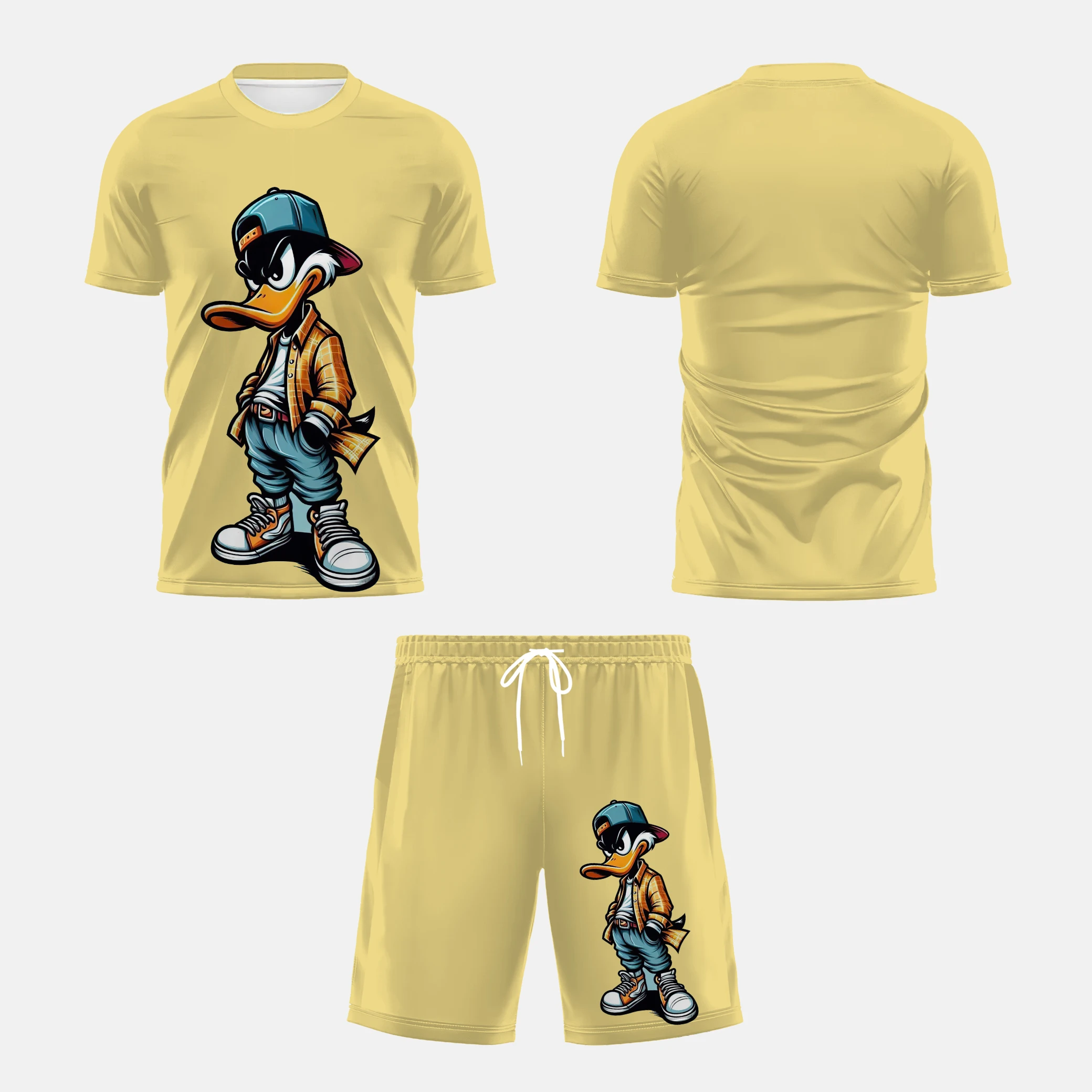 Il nuovo abito da uomo dell'estate 2025 presenta un interessante abbigliamento da uomo in poliestere casual e alla moda con stampa di anatre dei cartoni animati