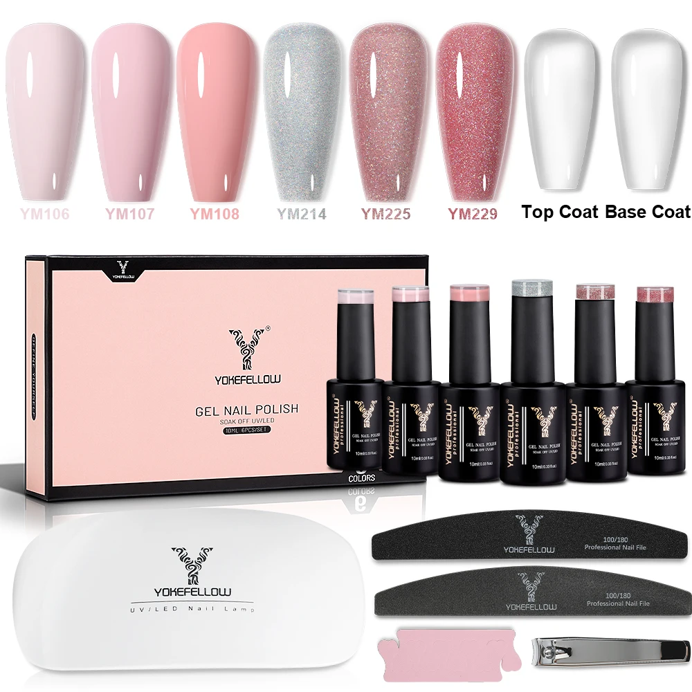 YOKEFELLOW Cherry Blossom Pink Gel Nail Polish Set with UV LED Light Base Gel Top Coat Starter Kit Popular Sheer Pink Gel Polish