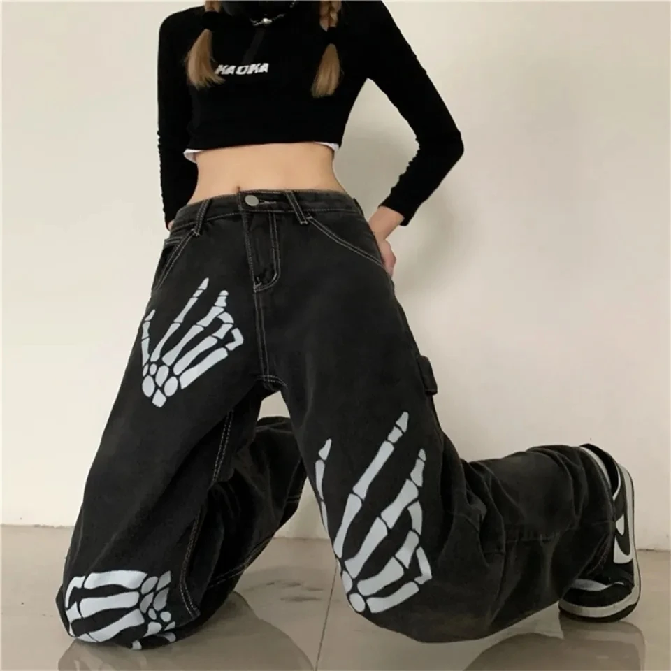 Hip Hop Baggy Jeans for Men Women Streetwear Skeleton Printing Straight Denim Pants Homme Loose Trousers Men Clothing