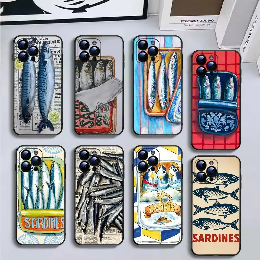 

canned sardines art Phone Case For iPhone16,15,14,13,12,11 Plus,Pro Max,XS,X,XR,SE,Mini,8,7,Soft Silicone Black Cover