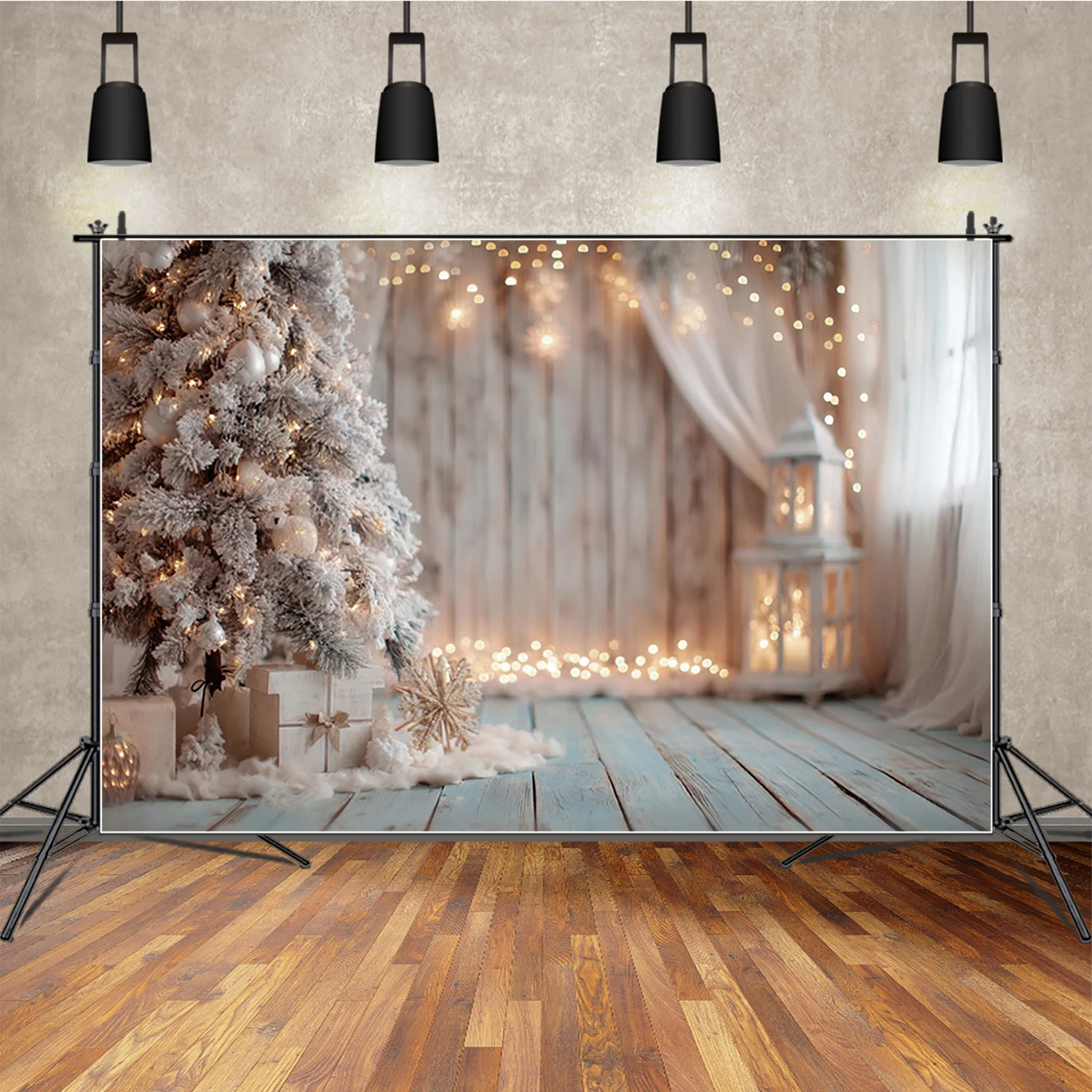 

MOON.QG Wooden Christmas Room Backdrop Gifts Lights Xmas Trees Backgrounds Wallpaper Studio Photozone Baby Photography Props