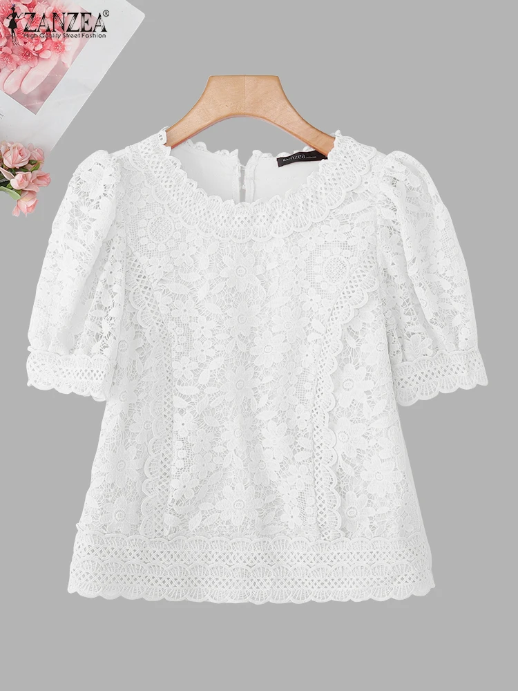 

ZANZEA Summer Lace Blouses Women Short Sleeve Fashion Blusas 2025 Casual Loose O Neck Tops Oversized Solid Color Tunic S-3XL