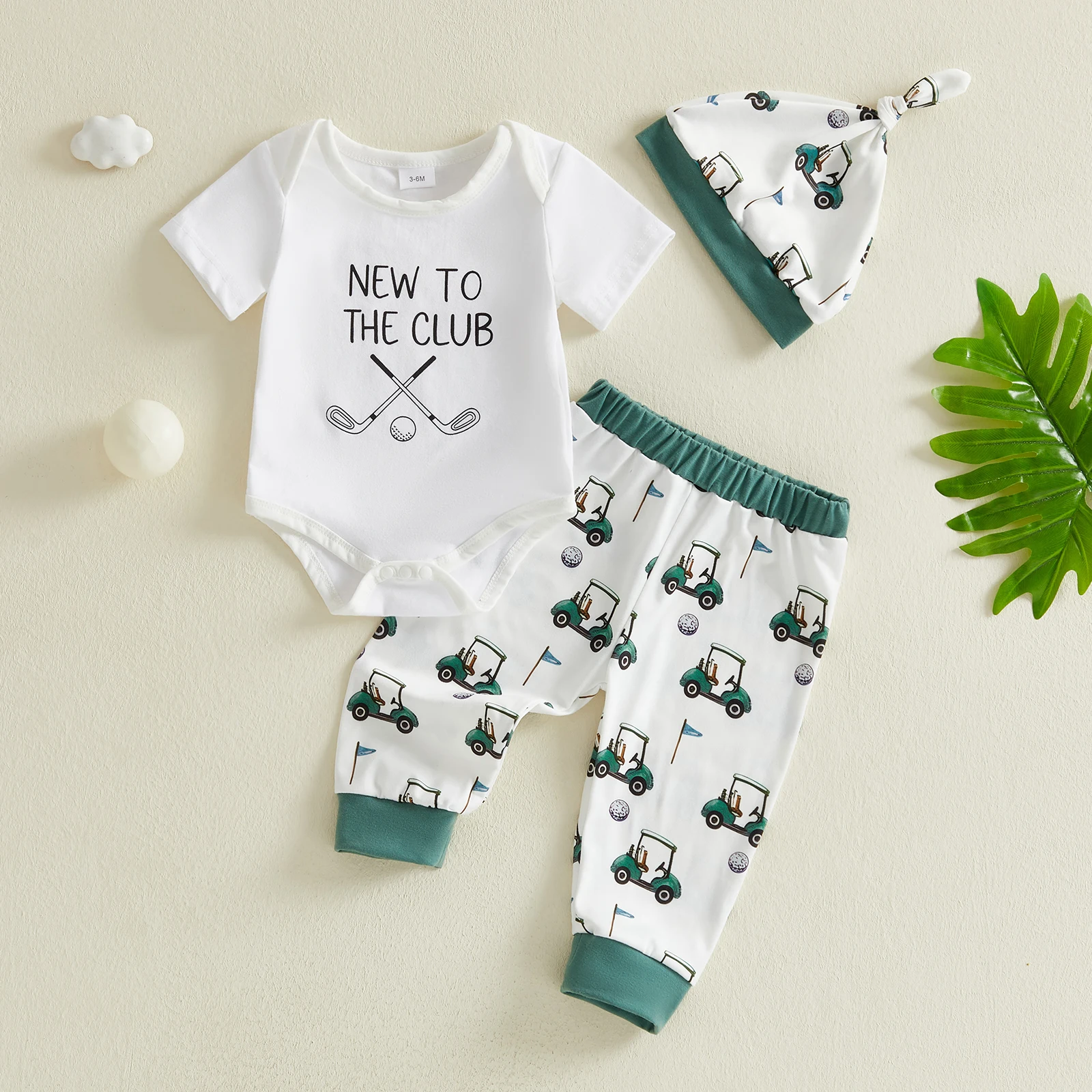 

Infant Boy Golf Attire Short Sleeve Jumpsuit Trousers and Knotted Cap 3 Piece Summertime Ensemble
