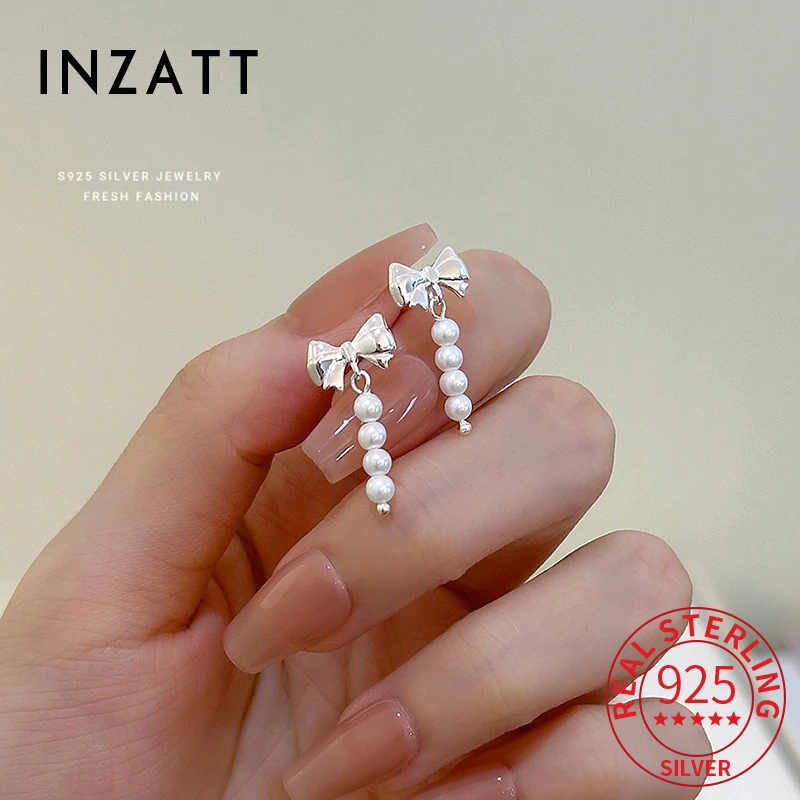 

INZATT Real 925 Sterling Silver Bowknot Pearl Tassel Stud Earrings for Women Cute Fine Jewelry Exquisite Luxury Accessories