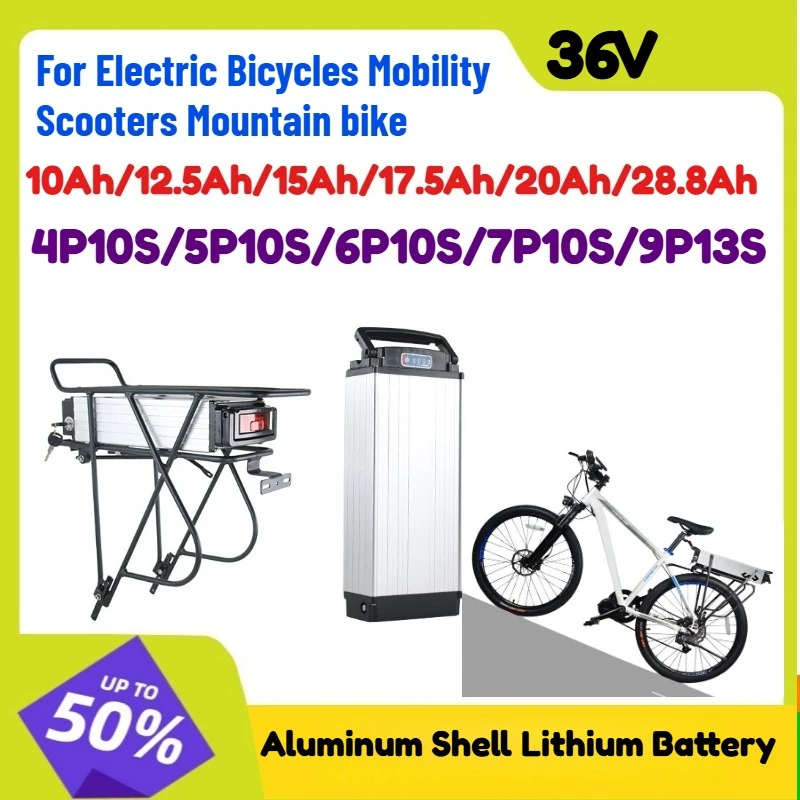

36V 28.8Ah 9P13S Aluminum Shell Lithium Battery Rear Rack with Taillight for Electric Bicycles Mobility Scooters Mountain Bike