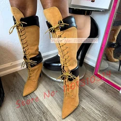 Tan Patchwork Mid Calf Boots Women Sexy Pointy Toe Front Lace Up High Heel Shoes Outfit Ladies Trendy Party Mixed Color Boots