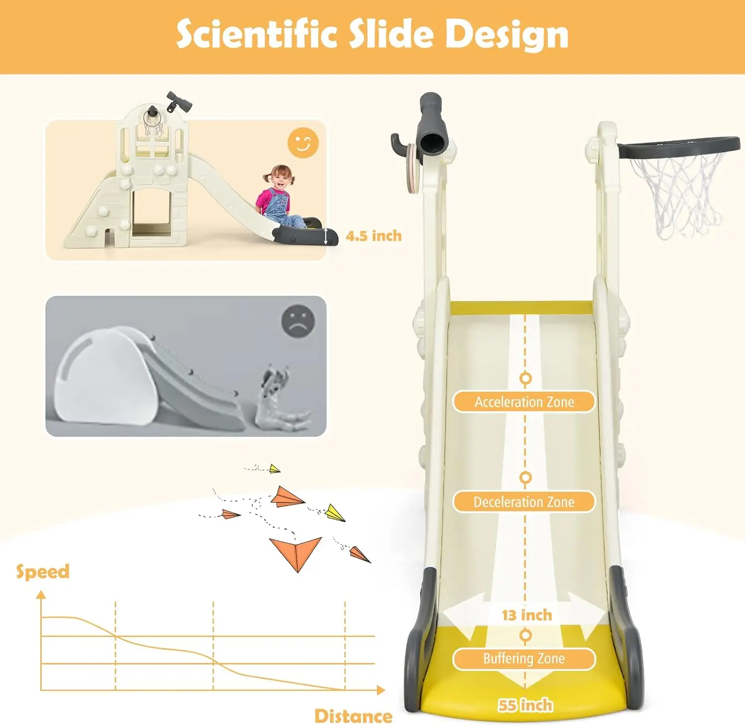 Toddler Large Slide, 6 in 1 Slide for Kids with Basketball Hoop, Ring Toss, 2 in 1 Convertible Climbing Way, Freestanding Kids S