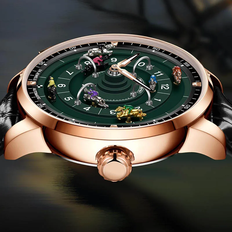 PINDU Design button Rotating Dial horse race Mechanical Watch Men NH35 movement sapphire waterproof Automatic Mechanical Watch