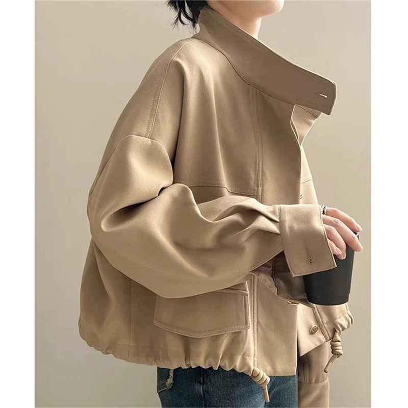 Women Spring Autumn 2026 New Popular high-end Jacket Casual Windbreaker Standing Collar Short Jacket Hem Drawstring Trench Coat