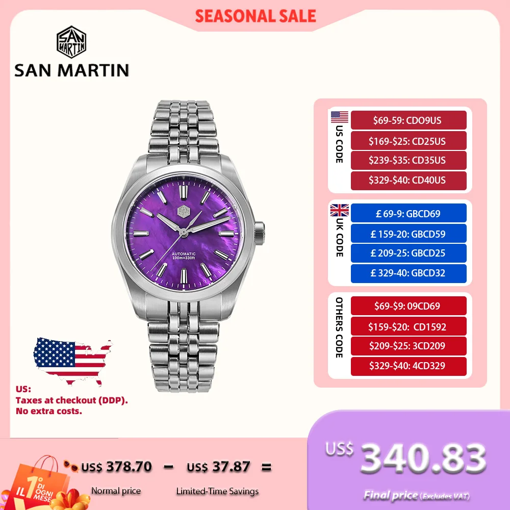 

San Martin 39mm Miyota 90S5 MOP Dial Men GADA Wristwatch Automatic Watches Mechanical BGW-X1 10Bar Luminous SN0144GX-4/7