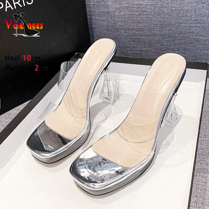 2025 جديد شفاف بولي كلوريد الفينيل واضح كعب النعال المرأة ساحة تو 10 سنتيمتر 13 سنتيمتر عالية الكعب البغال الصيف الانزلاق على الصنادل أحذية السيدات