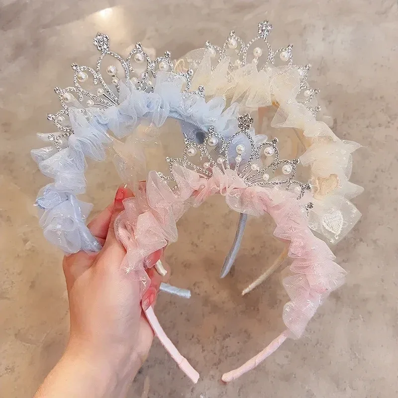 Diadema dulce y encantadora para niña, accesorios para el cabello, diadema de encaje Kawaii rosa y azul, regalo de vacaciones para niños, accesorios para niña princesa, corona