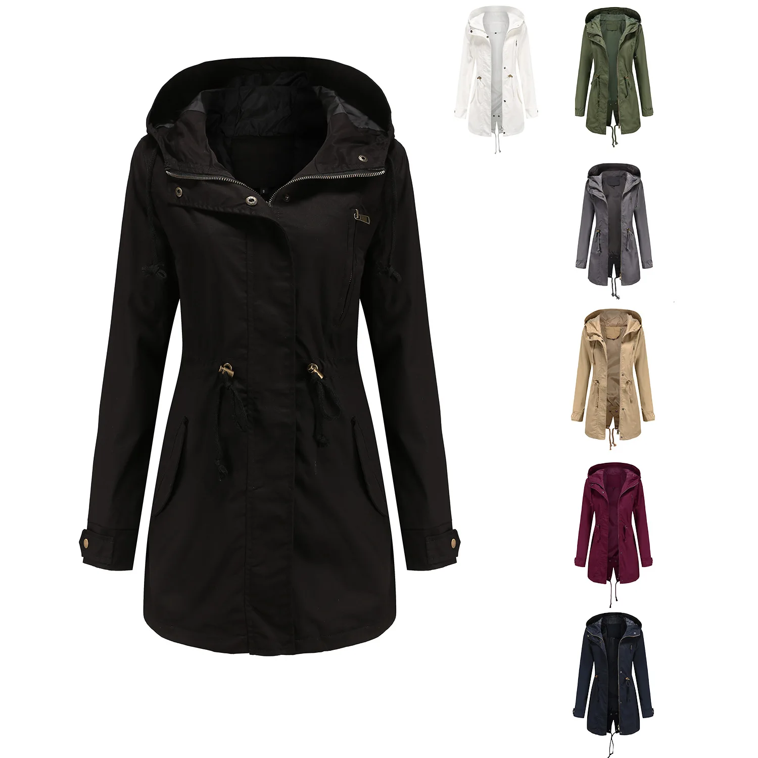 

2022 new Cotton Hooded windbreaker women Spring and autumn European Size large solid coat Fashion classic solid coat waistband