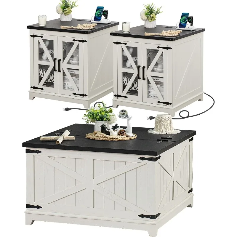 Salontafelsets 3-delig, grote bijzettafels met laadstation en salontafel met verborgen opbergvak