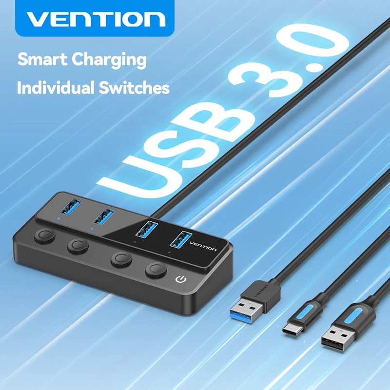 Vention USB A 3.0 HUB haute vitesse Multi 5Gbps OFF/ON commutateur individuel adaptateur indicateur LED pour PC portable extension de Ports USB