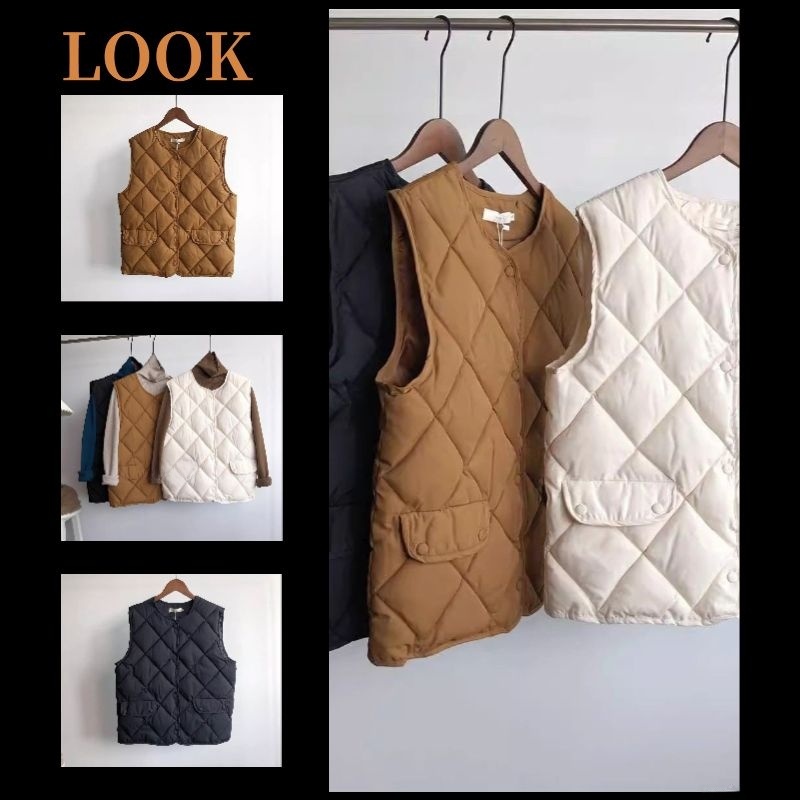  Short Women's Cotton Vest 2024 Autumn Winter Outerwear Diamond Pattern Versatile Korean Style Commute Style round Neck Buttoned 