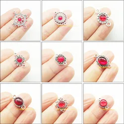 New Retro Sun Flower Round Oval Charms Antiqued Silver Plated Red Glaze Connectors For Gifts Jewelry