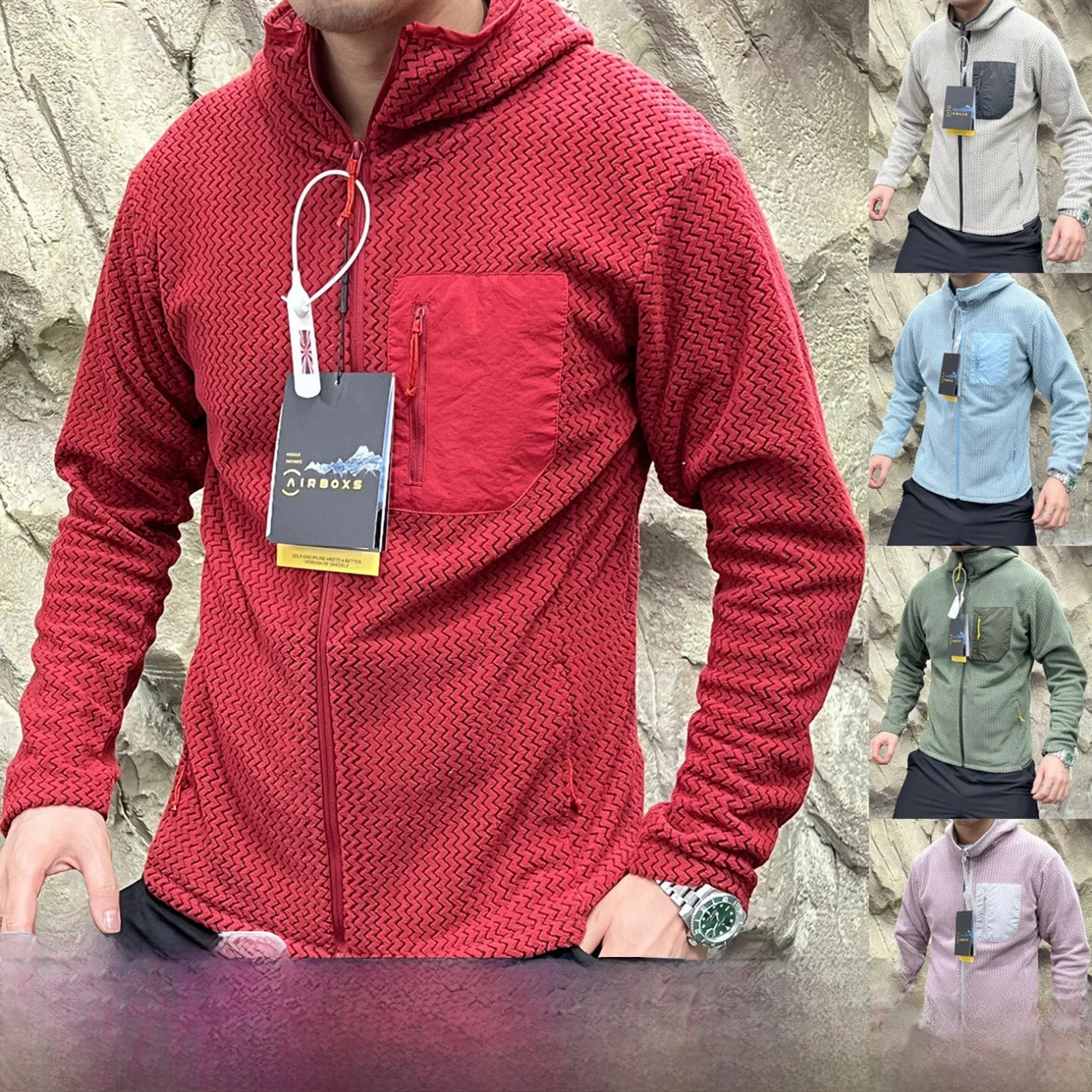 Chaqueta de Forro Polar con Patrón de Ondas Serie R1, Chaqueta de Invierno con Capucha para Hombre y Mujer, Cárdigan Abierto,...