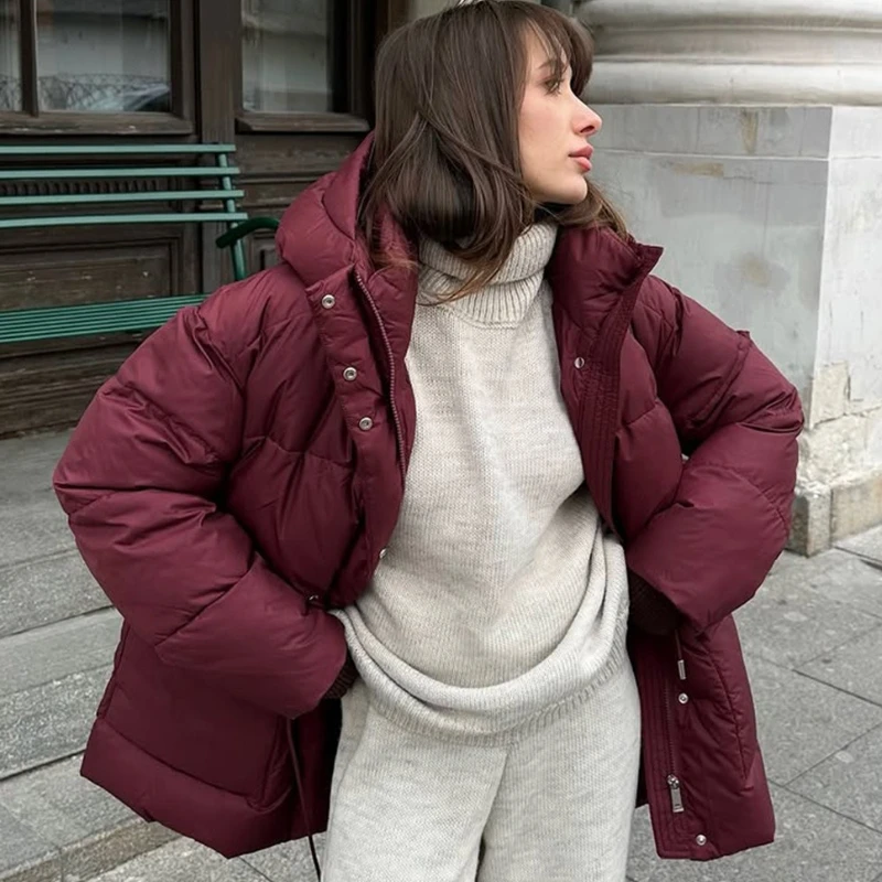 TARUXY Hooded Tie-Waist Padded Jacket Women's Casual Pocket Zipper Puffer Warm Cotton Down Jacket Loose 2025 Winter New Coat