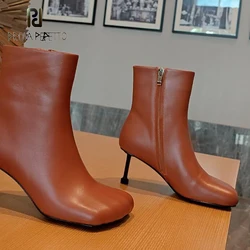 High Quality Good-looking Ladies Ankle Short Boots Brown Black Five Fingers Shape Squared Toe High Heel Side Zip Sexy Dress Shoe