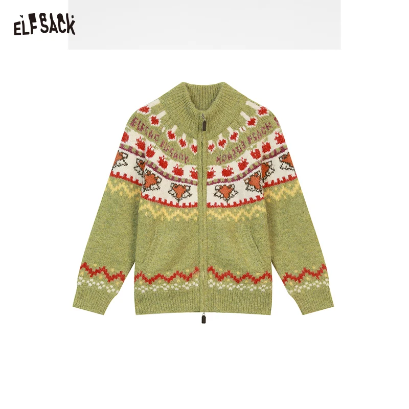 ELFSACK 2024 Winter New Arrivals Fair Isle knitting Zipper Cardigan Sweater Women Loose Christmas Wear Top