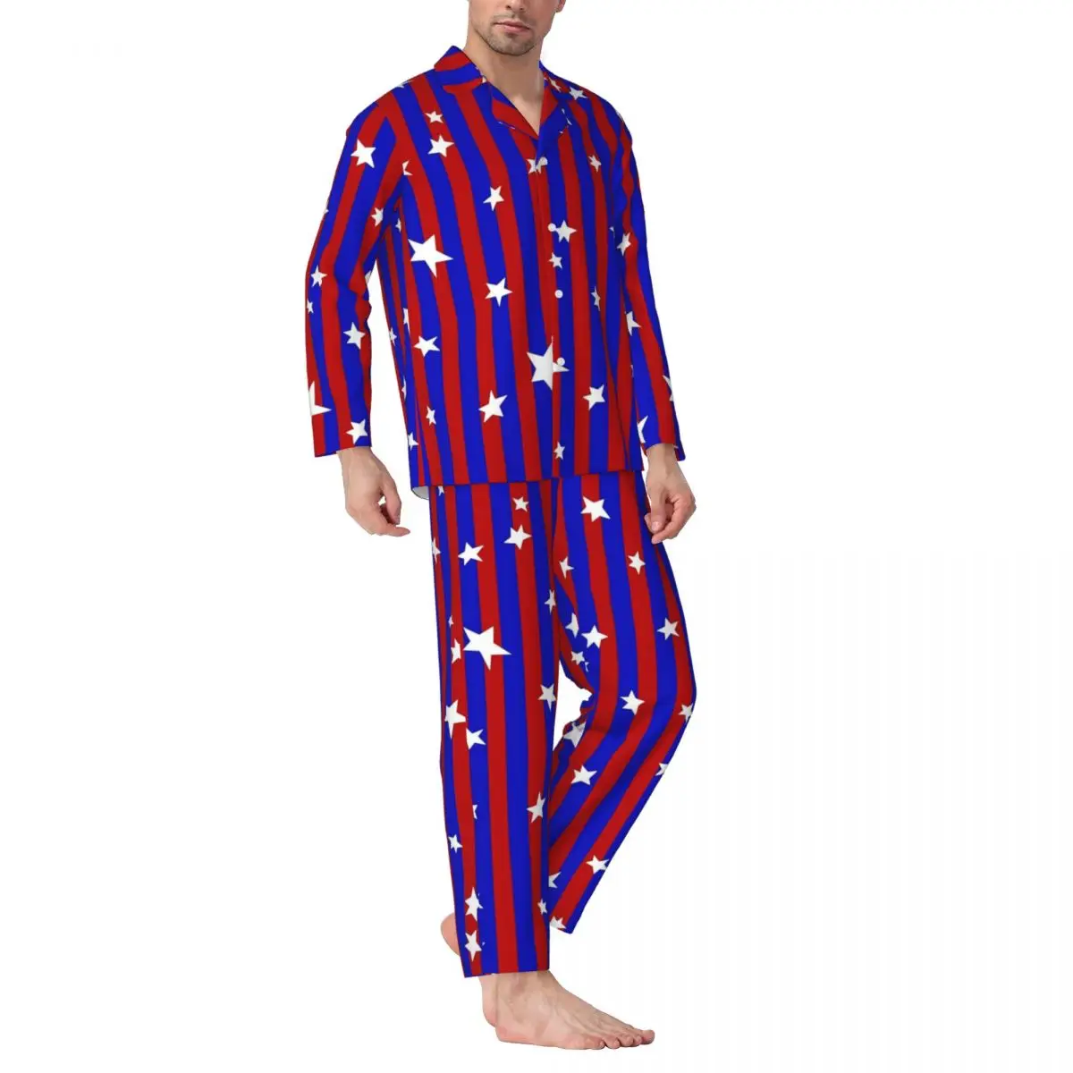 Stars And Striped Pajamas Men Red And Blue Lovely Leisure Sleepwear Autumn 2 Pieces Casual Oversize Design Pajama Set