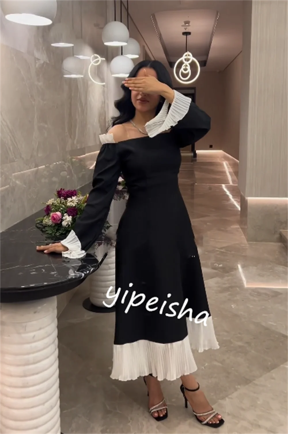 Customized  Evening Prom   Jersey Ruffle Wedding Party A-line Off-the-shoulder Bespoke Occasion Gown Midi es