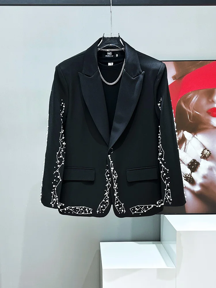 

Loose Casual Embroidered Pearl Heavyweight Jaet Men's Sle Sewn-On Line Pad oulder Suit Outerwear Spring Autumn