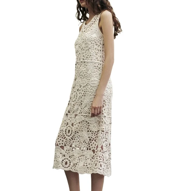 

Women's lace hollow dress round neck sleeveless knitted flower pattern summer dresses 2025