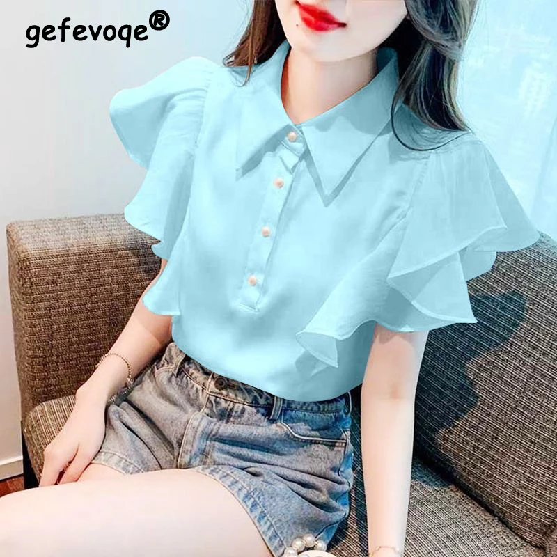 Clothes for Women Summer Fashion Ruffles Sweet Chic Blouses Lapel Elegant Commute Shirts Casual Solid Loose Tops Blusa Feminino