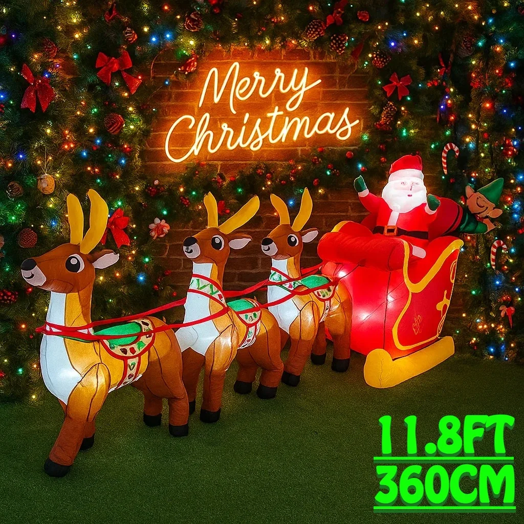 

3.6M/11.8FT Santa Claus Reindeer Sleigh Inflatable Model Christmas Decor LED Lights Holiday Outdoor Decor Home Yard Party Toys