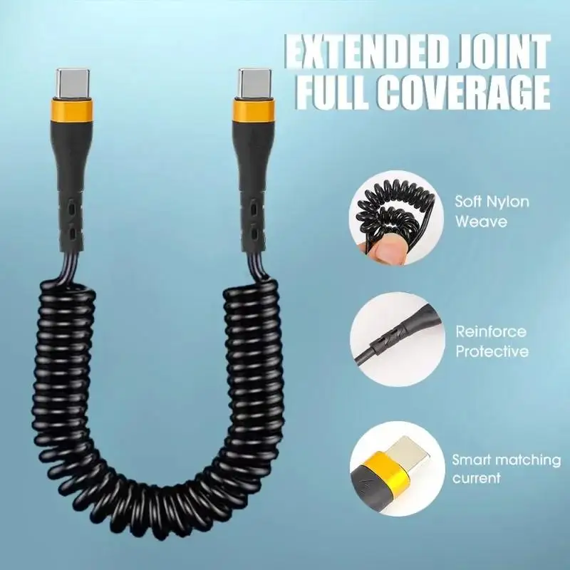Type C To Type C Car Spring Cable PD 120W 6A Super Quick Charging Data Cable Wire USB Type C PD Cable For iPhone Samsung Xiaomi