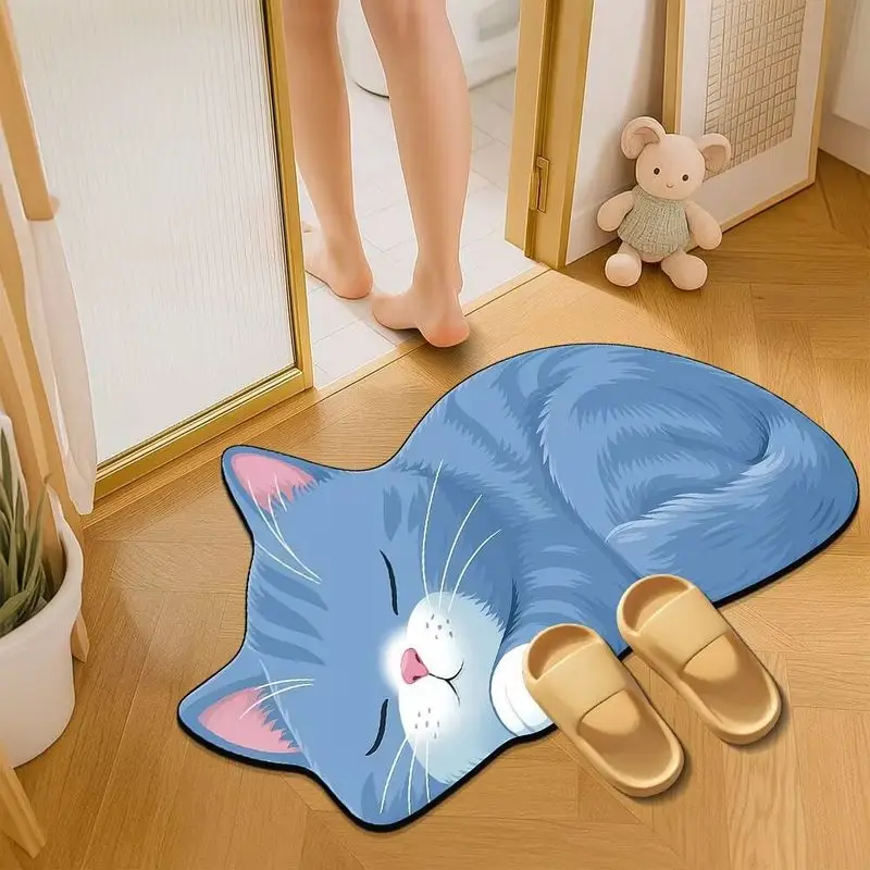 VIKAMA Grey Round Face Cat Door Mat Noise Reduction Non Slip Entryway Laundry Room Decor Pet Hair Resistant Mat Home Decor