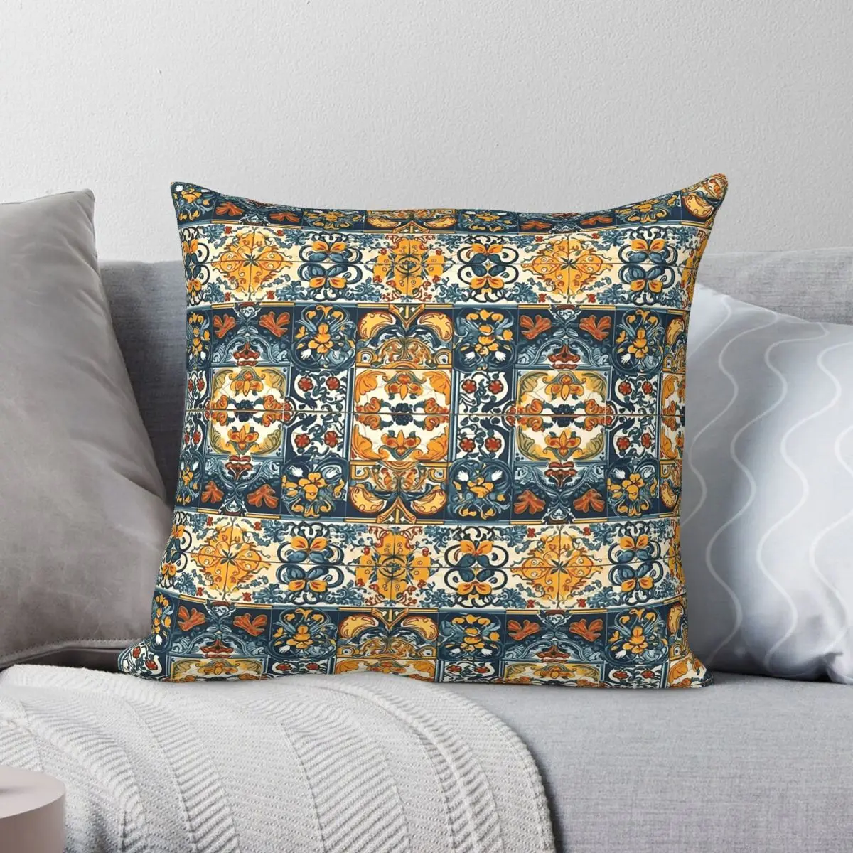Spanish Andalusian Ceramic Tiles Pillowcase Polyester Linen Velvet Printed Zip Decor Pillow Case Sofa Cushion Cover