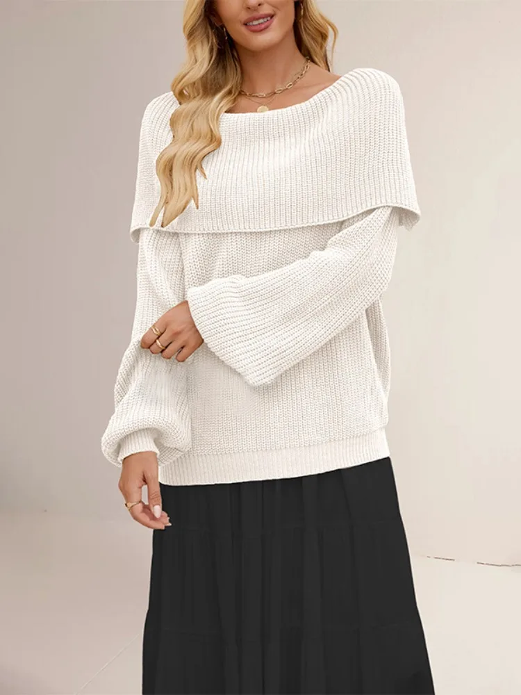 

Uoozee Women's Solid Color Slash Neck Sweater Tops Long Sleeves Loose Casual Autumn Winter Pullovers 2025 New