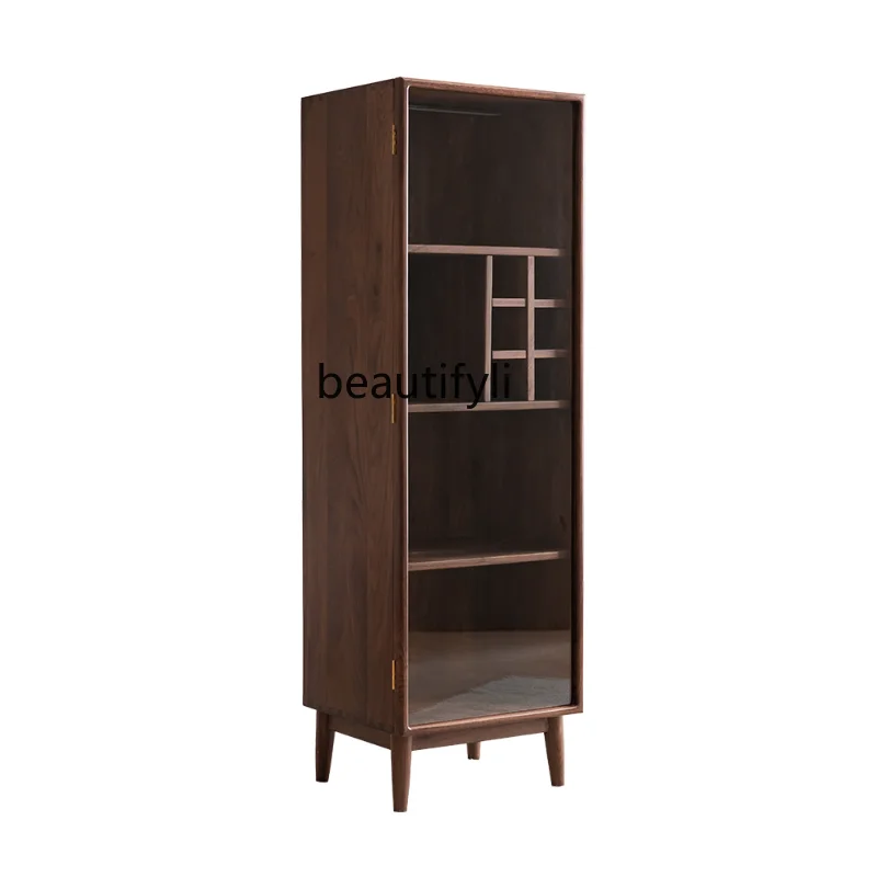 

Nordic Black Walnut Wooden Liquor Cabinet Modern Minimalist Solid Wood Living Room Display Cabinet Lockers with Glass Door